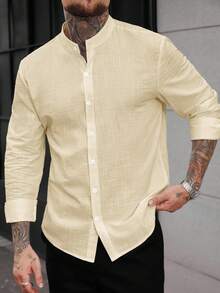 Manfinity Homme Men's Casual, Vacation, Daily Commute Minimalist Solid Color Long Sleeve Single-Breasted Shirt, Suitable For Spring And Autumn - Apricot - View 5