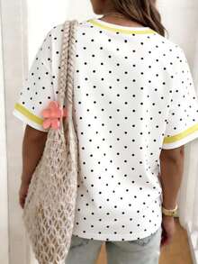 EMERY ROSE French Fresh Polka Dot Lemon Round Neck Plus Size T-Shirt Vacation White Summer Cute - Multicolor - View 2
