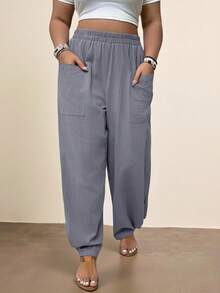 Freevana Plus Size Vacation Casual Pocket Tapered Long Pants Vacation Dusty Blue Summer - Dusty Blue - View 4