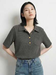 FRIFUL Women's Fitted Polo Collar Metal Button Decor Short Sleeve T-Shirt, Summer Ribbed Shirt Collared Shirt Knit Top Summer Top Preppy Top - Grey - View 14