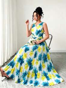 GlowEve CURVE Plus Size Women's Elegant Brown Summer Flowy Floral V-Neck Sleeveless A-Line Maxi Dress, Marble Cinched Waist Ruched Tea Party Gym Vacation - Green - View 3
