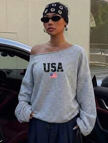 SHEIN EZwear 34%棉淺灰色女款不對稱肩寬鬆休閒長袖衛衣，美國國旗日印花圖案，休閒極簡通勤、外出、夏季 - 灰色 - 查看 4