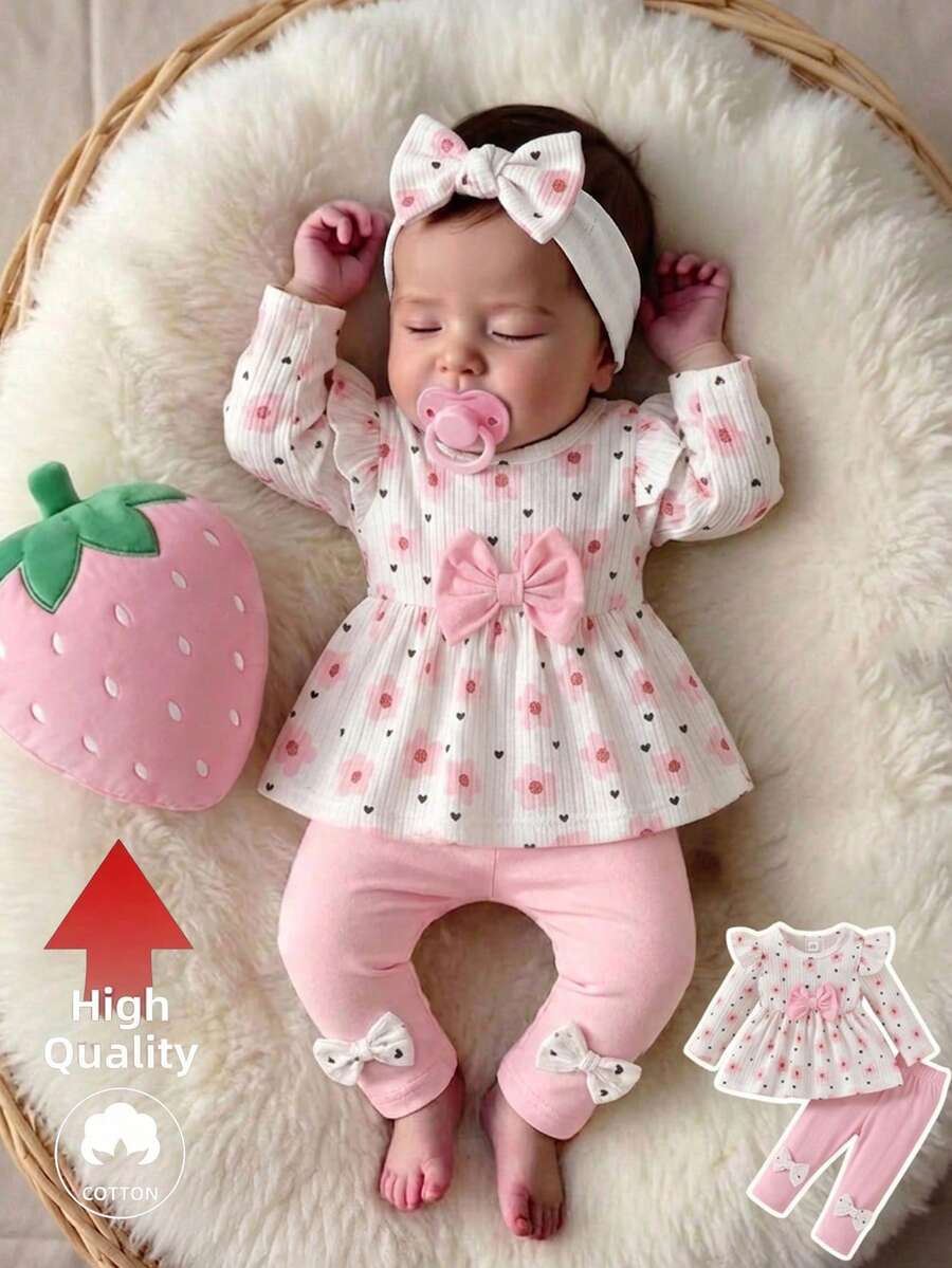 SHEIN Newborn Spring/Autumn Pink Soft Style Heart All-Over Print Pink Bow Knot Embellished Knit Pullover Top With Matching Pink Bow Knot Embellished Long Pants Slim Fit 2-Piece Set Suitable For Outings, Casual, Sports, Christmas, Parties - Baby Pink - View 1