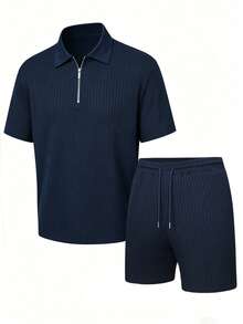Manfinity RSRT Men's Half Zipper Short Sleeve T-Shirt And Shorts Set Holiday - Blue - View 3