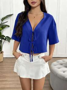 EMERY ROSE Women's Spring Red Long Sleeve Tie-Front Button-Down Shirt - Royal Blue - View 3