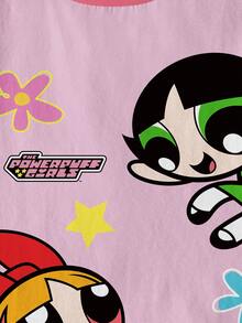 THE POWERPUFF GIRLS X SHEIN 少女圓領卡通印花休閒百搭日常出遊短袖T恤 - 白色 - 查看 5