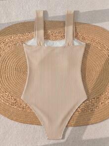 Swim Lushoire Traje de baño de una pieza minimalista para mujer con tirantes fruncidos de unicolor, estilo boho para festival y vacaciones de primavera - Café integral - Ver 4