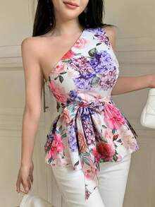 Celisse Floral Print Asymmetric Shoulder Tie-Waist Ruffle Hem Fashionable Versatile Office Lady Blouse - Multicolor - View 5