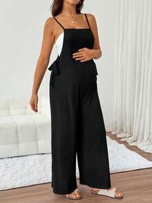 SHEIN Maternity Summer Casual Solid Color Spaghetti Strap Jumpsuit,Autumn Outfit For Women - Black - View 7
