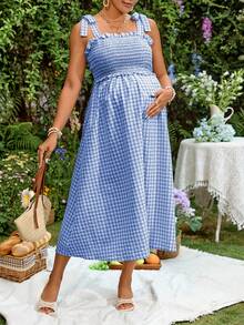 Lyckli Plaid Maternity Nursing Casual Soft Form 1960s Daily Dates Outing Dress Blue And Yellow Summer - Blue and White - View 6