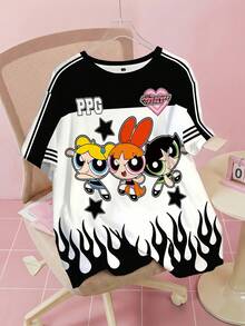THE POWERPUFF GIRLS X SHEIN 加大码夏季休闲撞色卡通花朵、泡泡、毛茛图案圆领短袖T恤 - 白色 - 查看 1
