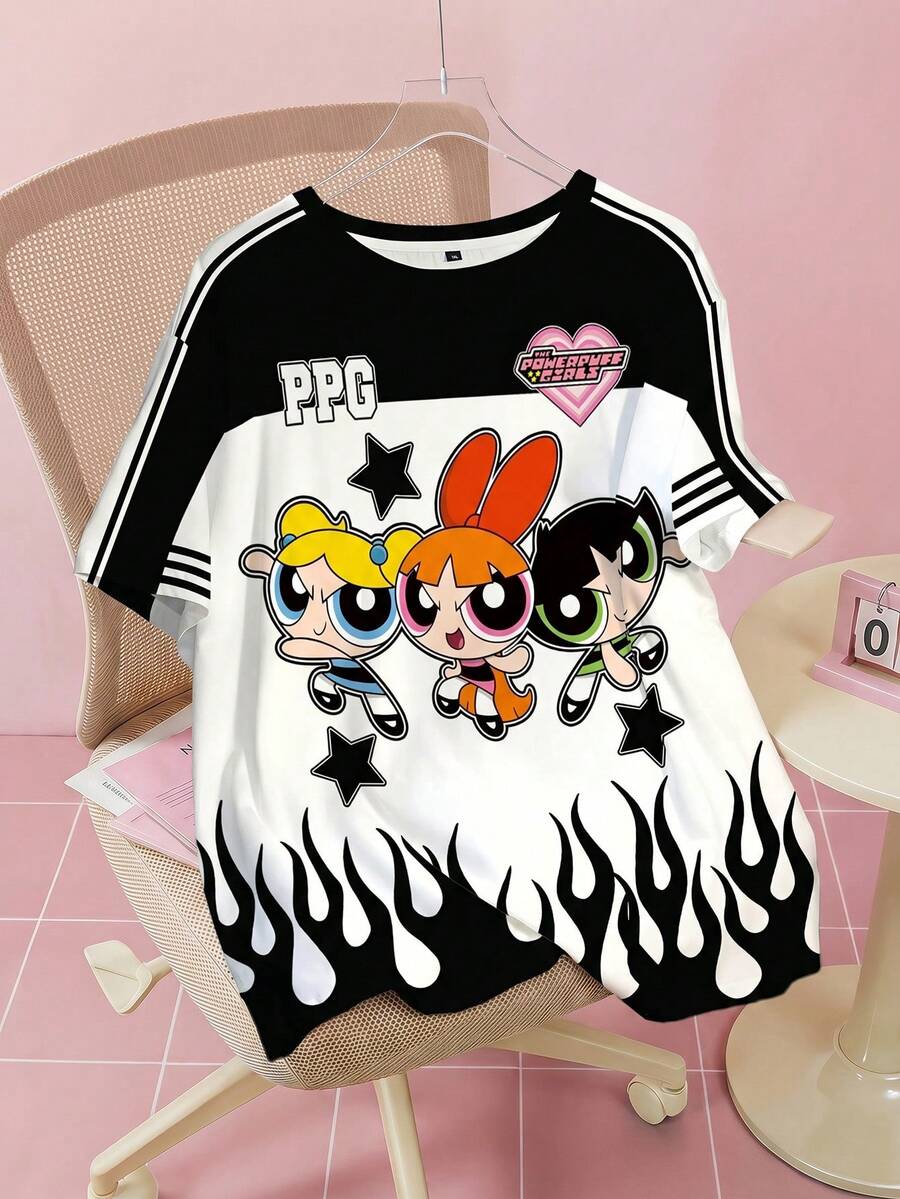 THE POWERPUFF GIRLS X SHEIN 加大码夏季休闲撞色卡通花朵、泡泡、毛茛图案圆领短袖T恤 - 白色 - 查看 1