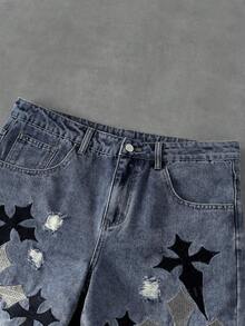 ROMWE MEN Jeans de mezclilla casual para hombres con bordado de cruz y efecto desgastado - Azul - Ver 6