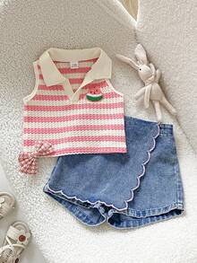SHEIN Playful Pals 2件組女嬰無領無袖蝴蝶結刺繡粉色V領背心上衣 + 彈性腰圍刺繡蝴蝶結裝飾水洗淺藍色裙褲短褲，休閒可愛套裝，適合夏季日常外出或旅行度假穿著 - 藕粉色 - 查看 3