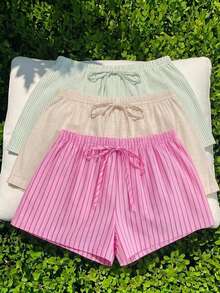Comfortcana 3pcs/Set Comfortable Home Shorts Suitable For Summer Date Night Green Striped Beige Pink Stripe Casual - Multicolor - View 3