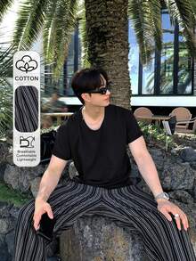 DAZY 黑色純色短袖T恤搭配條紋布料短褲，男士T恤套裝夏季款 - 彩色 - 查看 6