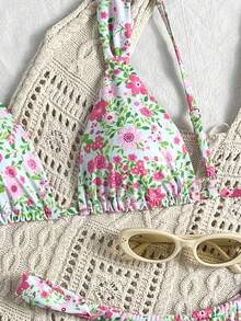 Swim Mod 1pc Women's Red & Green Ditsy Floral Triangle Sexy Beach Vacation Swimsuit Set - Multicolor - View 4