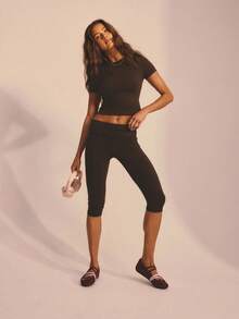 Aralina 2 Pieces Set Leisurewear Active Spring Summer Exercise Vacation Beach Short Sleeve Fitted T-Shirt Fitted Capri Legging Pant Two Pieces Set - Chocolate Brown - View 8