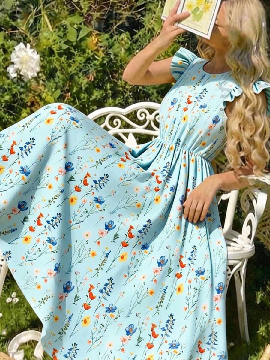 SHEIN Sparklyn 碎花图案短袖收腰连衣裙,适合少女度假、日常休闲穿着 - 藍色 - 查看 1