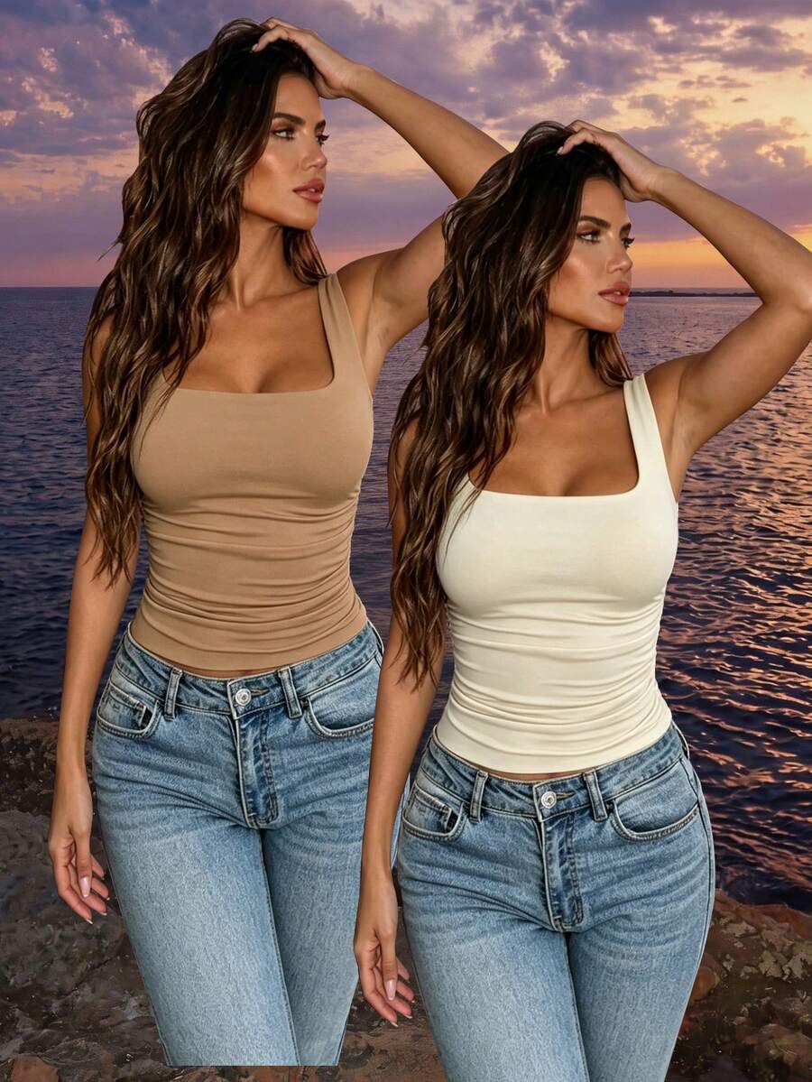 Allurite Women's Plain Square Neck Pleated Casual Tank Top - Multicolor - View 1