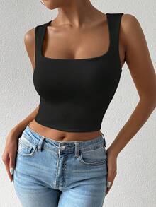 Allurite Top corto de mujer de unicolor simple con escote en U profundo para uso diario - Negro - Ver 5