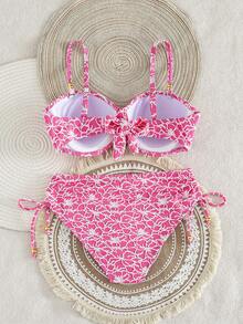Swim Lushoire Women's Summer Beach All-Over Print Ruched Spaghetti Strap Bikini Top And Triangle Bottom Two-Piece Swimsuit Set - Pink - View 6