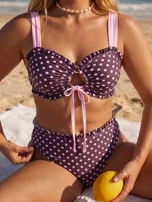 Swim Mod 2026 New Spring/Summer Plus Size 2-Piece Bikini Set Set For Women, Brown Base With Pink Polka Dot Random Print Top And Pink Solid Color Shoulder Strap Large Scoop Neck Bottom, Suitable For Beach And Vacation Wear - Multicolor - View 1