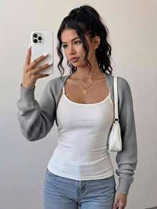 SHEIN Girlism Áo len cardigan dệt kim họa tiết cắt ngắn màu xám cho bé gái tuổi teen - Xám - Xem 3