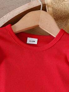 2pcs/Set Baby Girls' Ruffle Long Sleeve Top Bow Red Plaid Skirt Set, Autumn Cute Modest Fashionable Casual School Style Matching Family Outfit - Red - View 6
