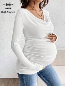 SHEIN Maternity Solid Color Cowl Neck Long Sleeve Ruched Slim Fit Casual T-Shirt Fall - White - View 1