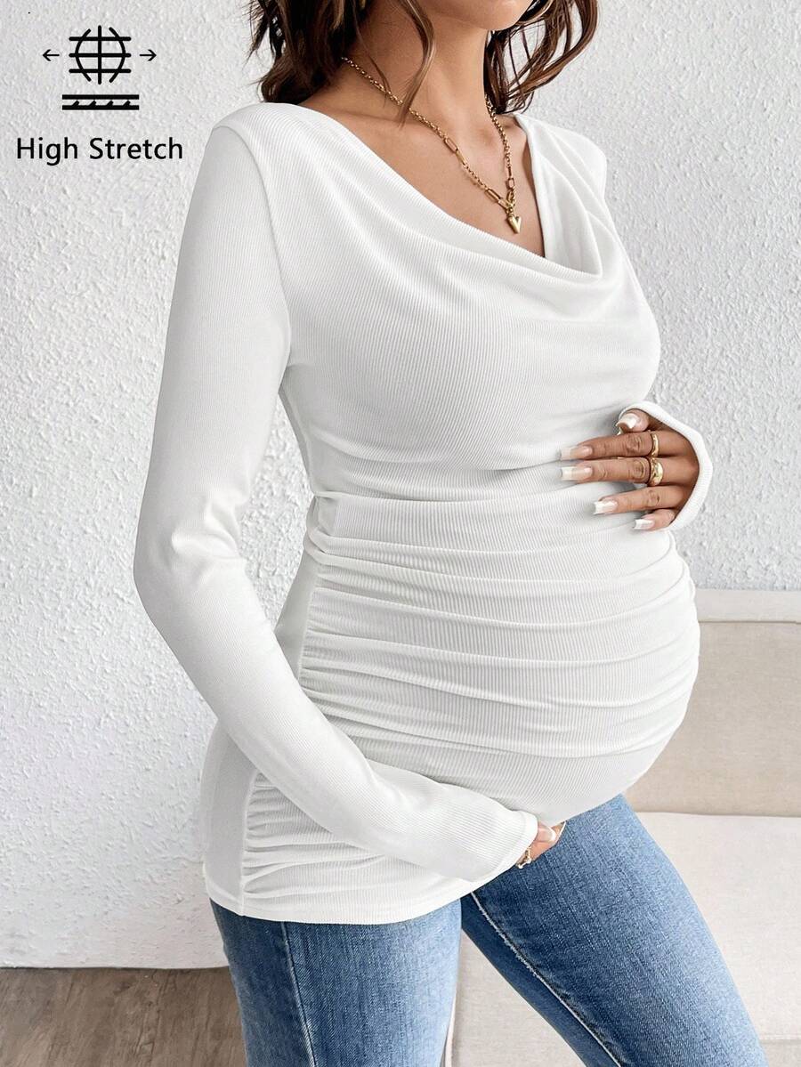 SHEIN Maternity Solid Color Cowl Neck Long Sleeve Ruched Slim Fit Casual T-Shirt Fall - White - View 1