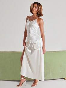 NYA SZN Dress Maxi Length Satin Cargo Pocket Brunch Going Out Sexy Office Siren White Outfits For Women - Silver - View 7