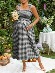 Lyckli Maternity Plaid Pattern Ruffle Pleated Bow Shoulder Strap Tank Dress Oktoberfest Breastfeeding Going Home Postpartum Summer Baby Shower Black - Black and White - View 7