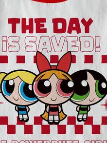 THE POWERPUFF GIRLS X SHEIN 少女休闲日常通勤百搭可爱花朵图案、泡泡图案短袖白色T恤，夏季 - 白色 - 查看 4