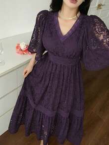 DAZY Vestido midi de mujer con encaje floral en todo el Body y color de contraste para primavera y verano - Morado - Ver 4