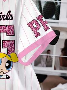 THE POWERPUFF GIRLS X SHEIN 女士字母卡通印花休闲圆领短袖T恤，夏季 - 白色 - 查看 6