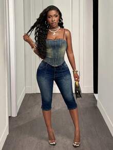 Slaydiva Skinny-Jeans mit Stickerei, verkürzter Länge und niedrigem Bund für Damen - Mittele Waschung - Übersicht 8