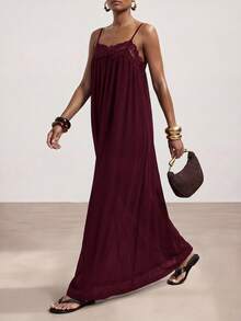 Zivah Women's Lace Patchwork Casual Party Long Cami Dress - Purple - View 3