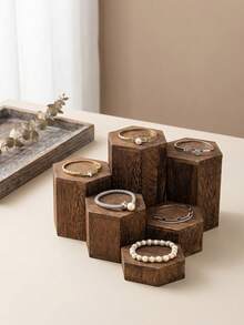Cirelle 1Set Hexagonal Wooden Tiered Display Stand, Solid Wood With Natural Grain Texture, Staggered Layered Platforms For Figurines, Perfume And Small Trinkets, Multi-Height Storage Rack For Desktop Collectible, Vanity And Tabletop Ornament Arrangement. - multicolor - View 8
