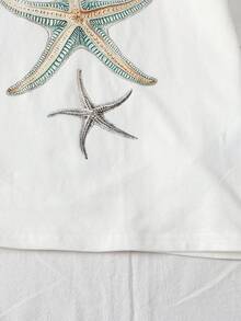 SHEIN 青少年女孩夏季新款休閒度假日常套裝 紋理條紋寬鬆短袖T恤短褲套組 - 白色 - 查看 10
