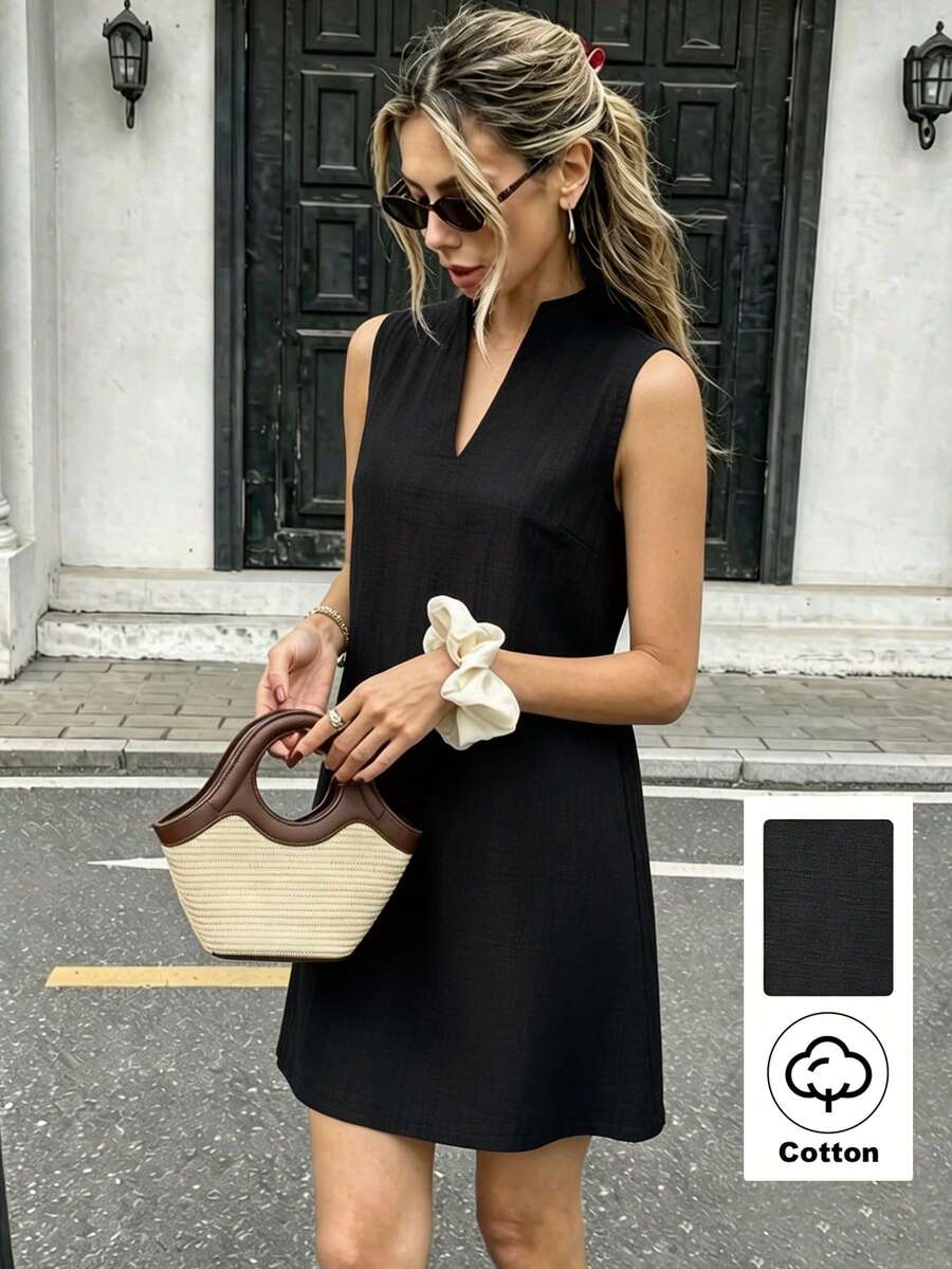 SHEIN PariChic 女款時尚百搭極簡優雅立領無袖洋裝,適合春夏通勤 - 黑色 - 查看 1