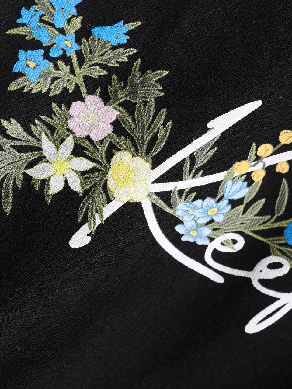 Men's Short Sleeve T-Shirt And Shorts Set With Floral Pattern And Letter Print, Black Summer