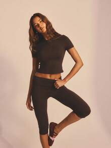 Aralina 2 Pieces Set Leisurewear Active Spring Summer Exercise Vacation Beach Short Sleeve Fitted T-Shirt Fitted Capri Legging Pant Two Pieces Set - Chocolate Brown - View 10
