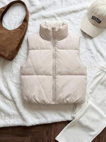 Comfortcana Plus Size Casual Stand Collar Black Padded Vest In Fall/Winter - Apricot - View 8