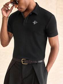 ESTAVOR 男士字母刺繡短袖休閒 Polo 衫 - 黑色 - 查看 4