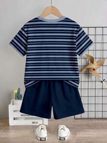 Young Boy Casual Simple T-Shirt Set, Classic Cool Handsome Retro Striped Pattern Print, NY Text Pattern Print, Suitable For Spring And Summer, Suitable For Campus - Multicolor - View 4