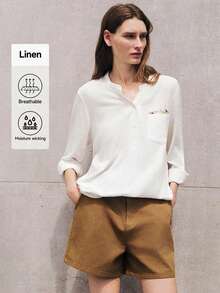 TrendSteals Women's Embroidered Linen Casual/Work Shirt With Small Stand Collar And Long Sleeves - White - View 9