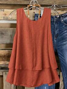 Linhara Atasan Tank Top Camisole Ruffle Dua Lapis Vintage Manis untuk Liburan Pantai Musim Semi/Panas Wanita Ukuran Plus - Rust Brown - View 2