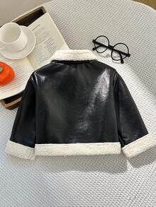 SHEIN Baby Girl Autumn/Winter Cute Versatile Colorblock Thermal Lined Faux Fur Jacket Coat - Black - View 2