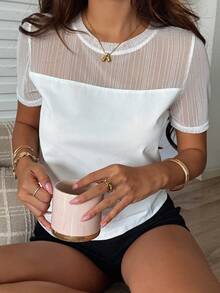 DAZY Sequin Mesh Patchwork Brunch Cafe Short Sleeve Women's T-Shirt Work All White Summer Casual Elegant - White - View 3